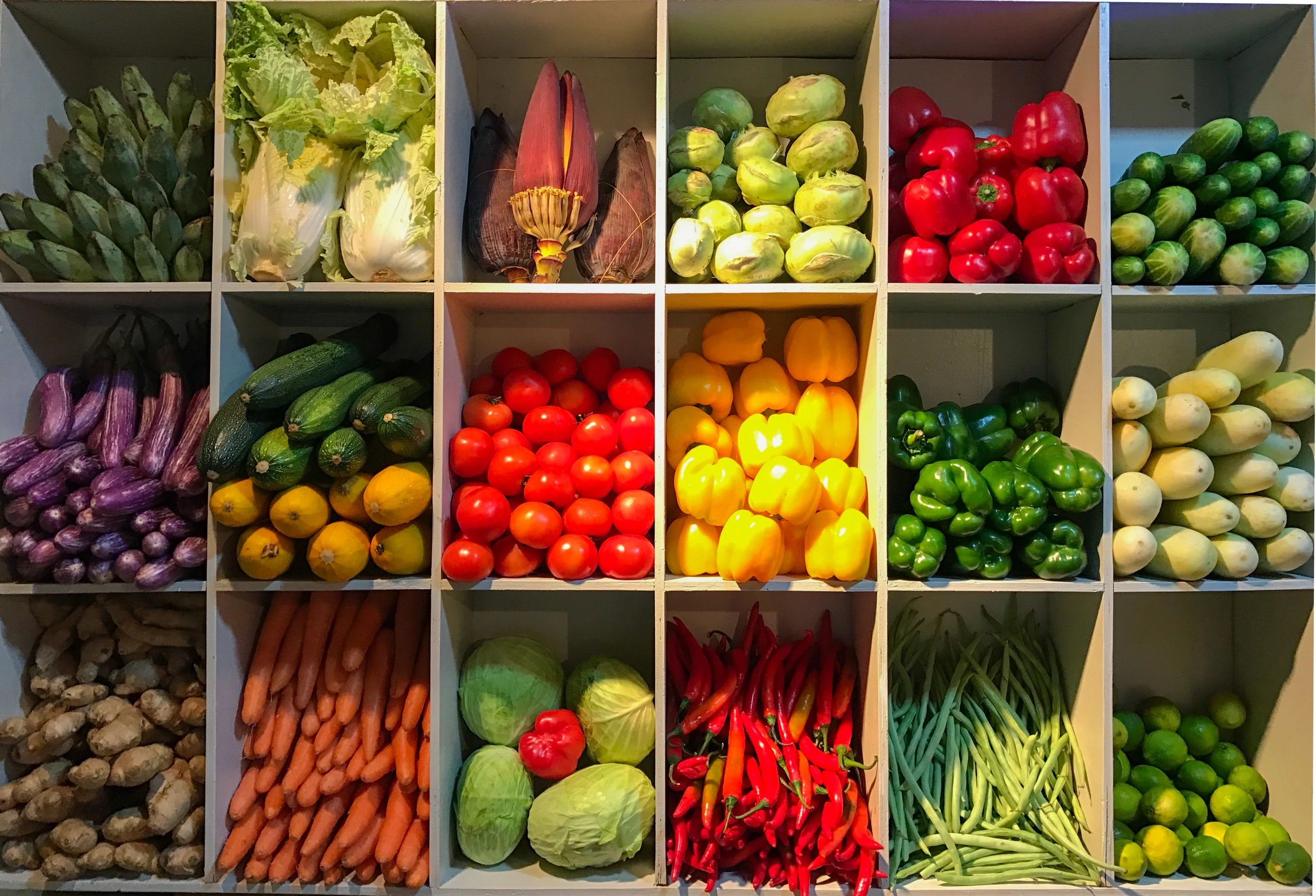 Fresh vegetables arranged on a market-style shelf