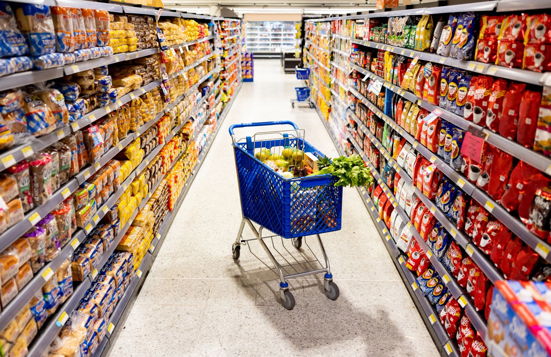 Supermarket aisle with shopping cart representing the hypermarket