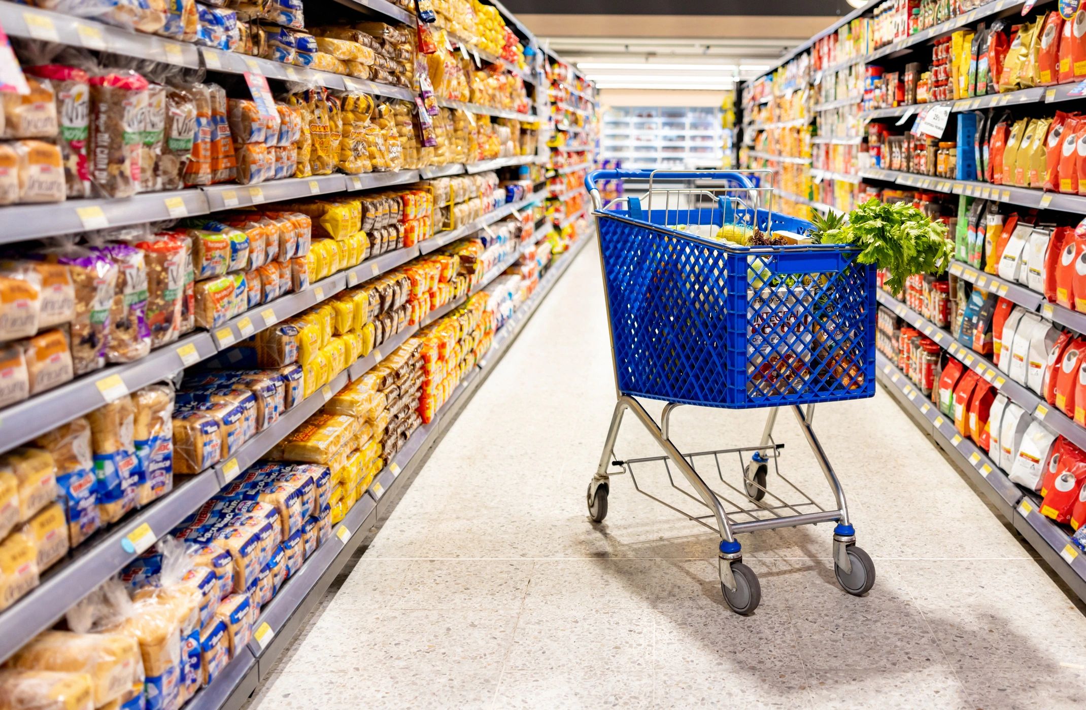 Grocery aisle inside a modern hypermarket