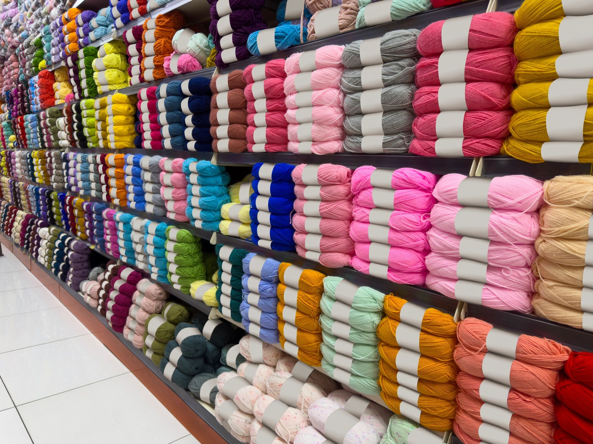Interior view of a vibrant yarn and textile store