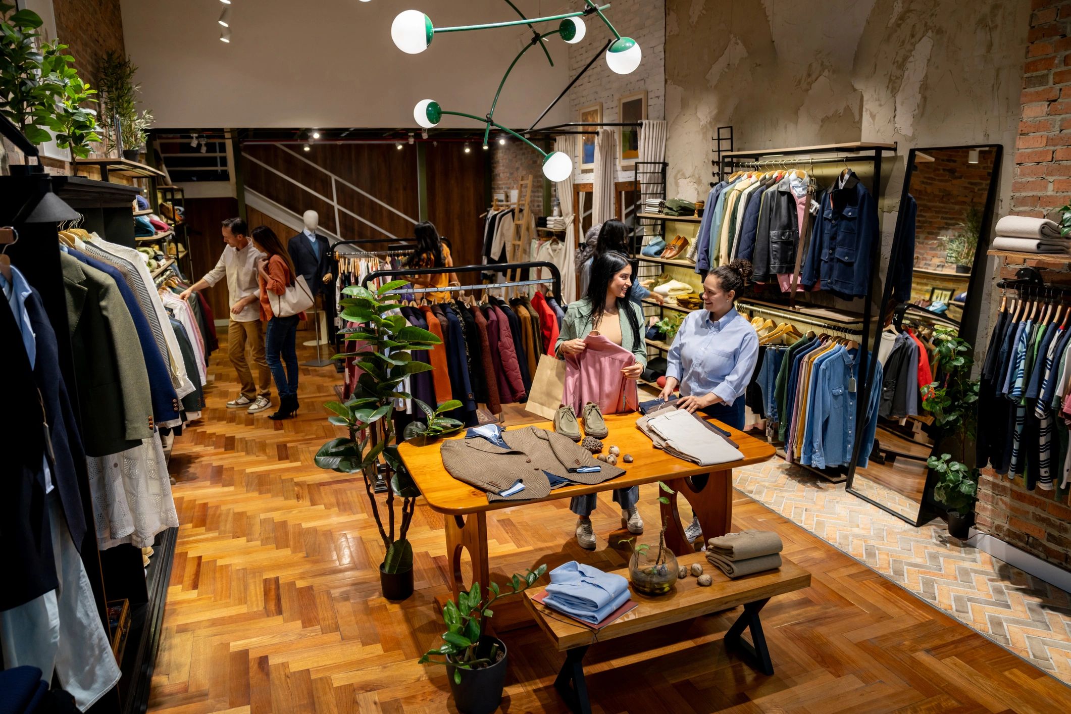 Retail clerk helping a woman shopping at a clothing store